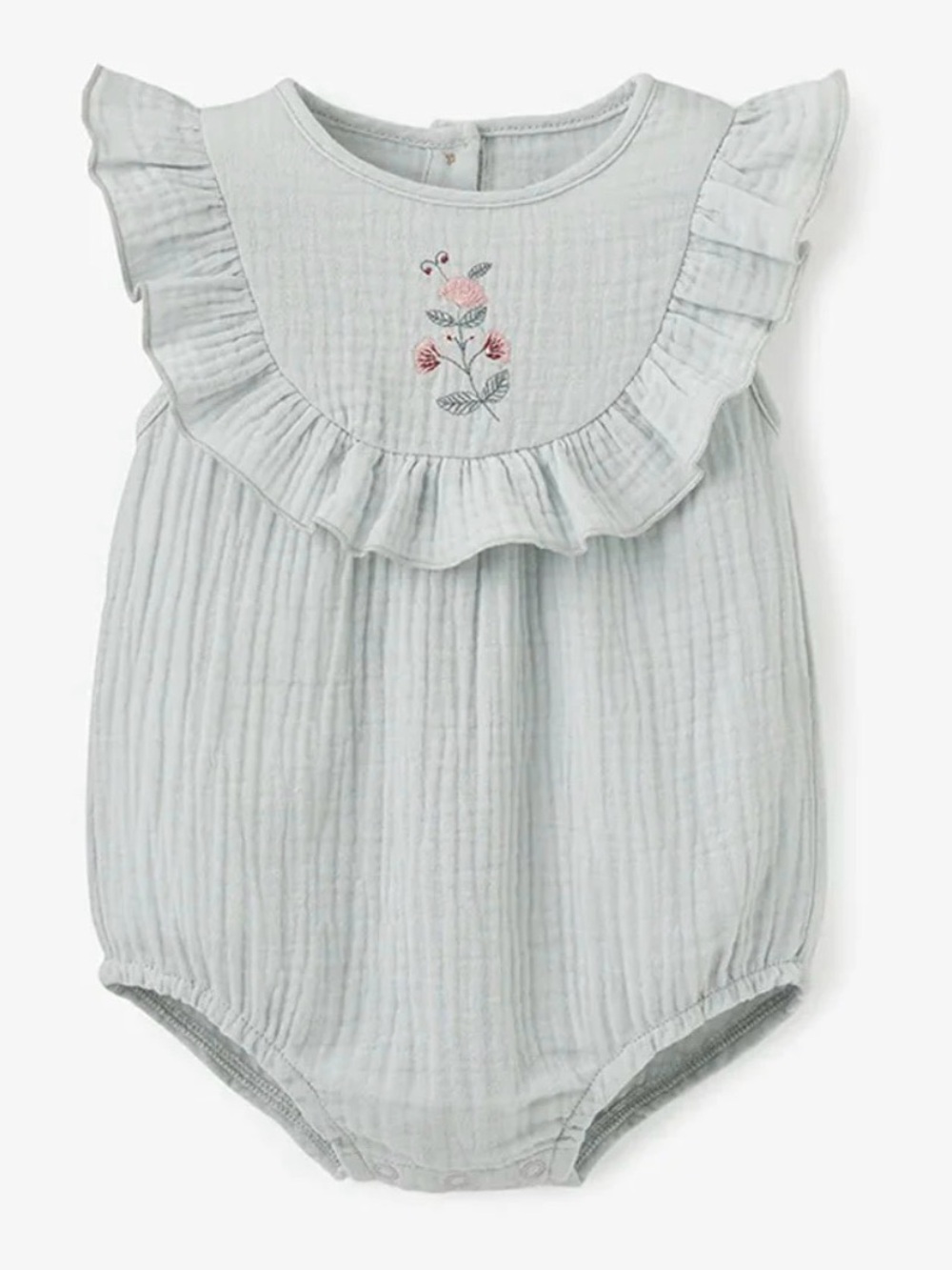 Elegant Baby Light Aqua Blue Ruffle Muslin Baby Romper with Floral Embroidery